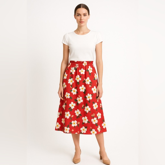 NWT kate spade botanical garden cotton midi skirt,‎ Red and white, size Large - Picture 1 of 15